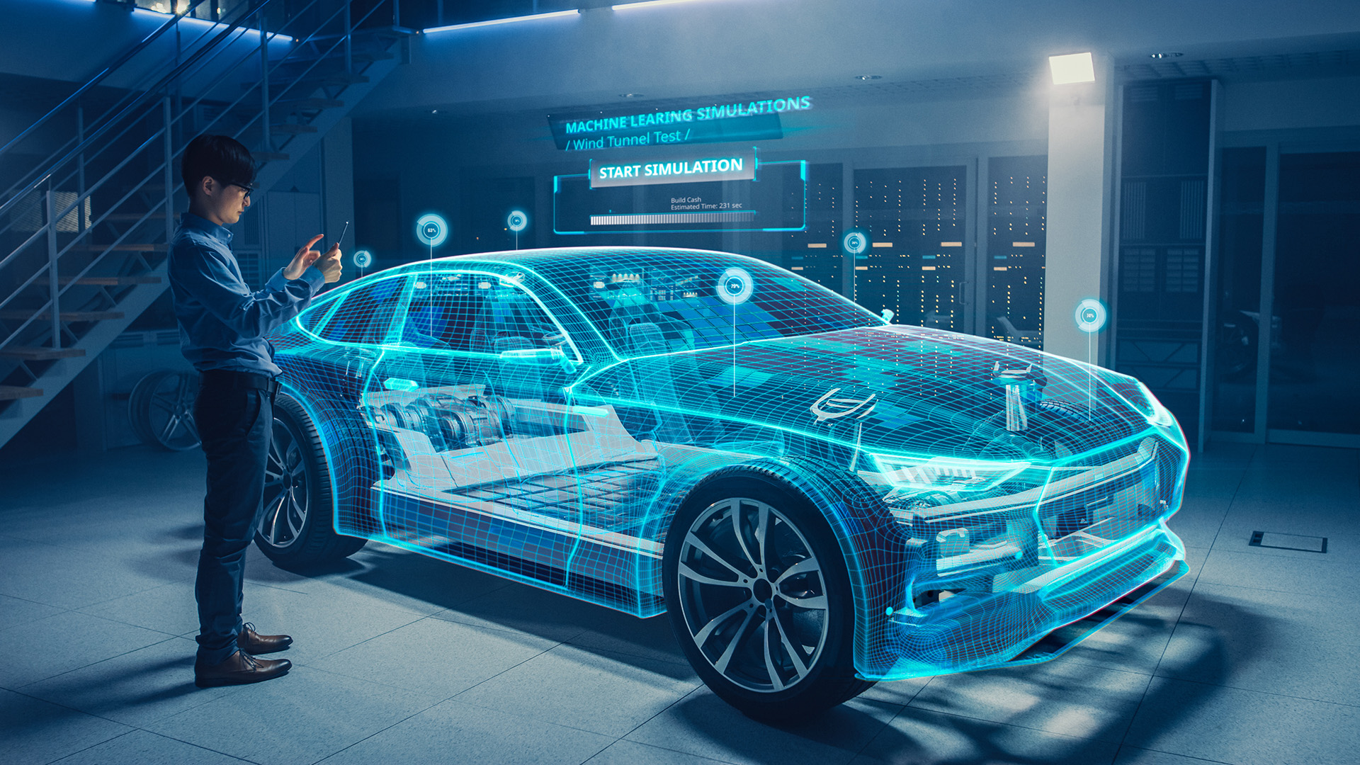 Automotive Engineer Uses Digital Tablet with Augmented Reality f Automotive Engineer Uses Digital Tablet with Augmented Reality for Car Design Analysis and Improvement. 3D Graphics Visualization Shows Fully Developed Vehicle Prototype Analysed and Optimized